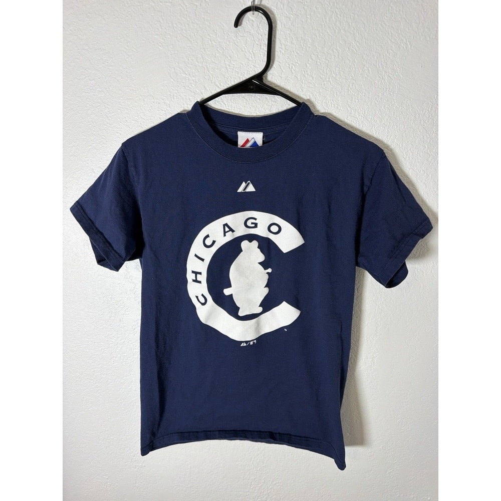 Majestic Chicago Cubs MLB Navy Logo Graphic T Shirt Mens Small Baseball Vintage